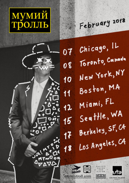 Mumiy Troll returns to North America!
• Feb 07 Chicago, IL @ Thalia Hall (http://bit.ly/2xAiGwG)
• Feb 08 Toronto, ONT @ Queen Elizabeth Theatre (http://ticketf.ly/2hyuJa2)
• Feb 10 New York, NY @ Playstation Theater (http://bit.ly/2fFv1Ye)
• Feb 11...