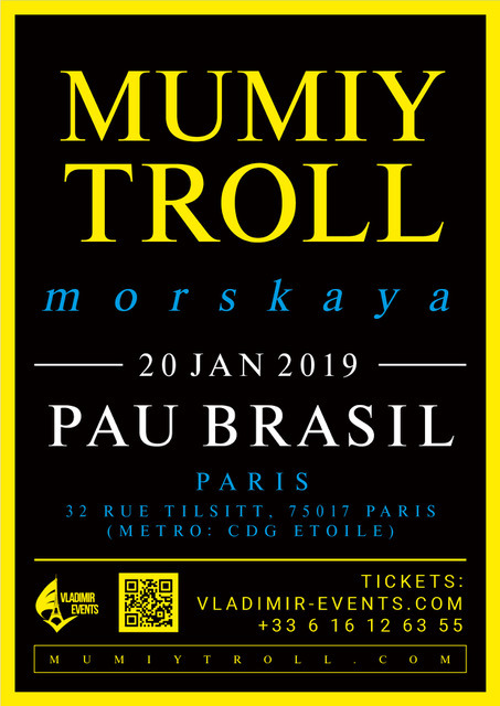 Mumiy Troll in Paris, France! January 20, 2019, Pau Brasil
Tickets: https://vladimir-events.com/event/mumij-troll-koncert-v-parizhe-2/