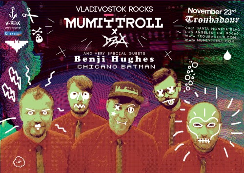 A newly established music festival Vladivostok Rocks ( V-ROX) founded by Ilya Lagutenko and his Mumiy Troll comrades two years ago, is coming to Los Angeles on November 23.Visualized as grassroots and international event helping to cross-promote local artists from the Pacific Rim countries, it provides an opportunity for musicians from such “NOT QUITE ROCK N’ROLL” places as Siberia, China, Korea, Mongolia, and many others, to let the world hear the music of many still undiscovered artist. Because of the city’s unique geographical position, V-ROX put Vladivostok on the map of international emerging music scene. Direct flights brought thousands of artists and students from Hong Kong, Beijing, Seoul, and Tokyo. A new university campus was built to accommodate all those who came to Vladivostok to rock!Rapid development of technologies gave a push to many artists in Asia to start creating amazingly fresh sound. Some of those acts are certainly worth seeing live because they can easily compete with any of the western bands that are on the market right now.The idea of V-ROX is to help young people discover new music and to bring the artists and the fans together. This year we decided to take V-ROX showcase around The Pacific. Our Los Angeles show will feature special guests Benji Hughes from North Carolina and L. A. based band Chicano Batman. Together with Mumiy Troll, they will take the stage of Troubadour to prove once more that music has not borders.Join us for an evening of great music on November 23
GET TICKETS!